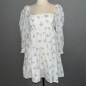 LULUS ALWAYS CHARMING Blue & White Floral Swiss Dot Puff Sleeve BABYDOLL Dress M
